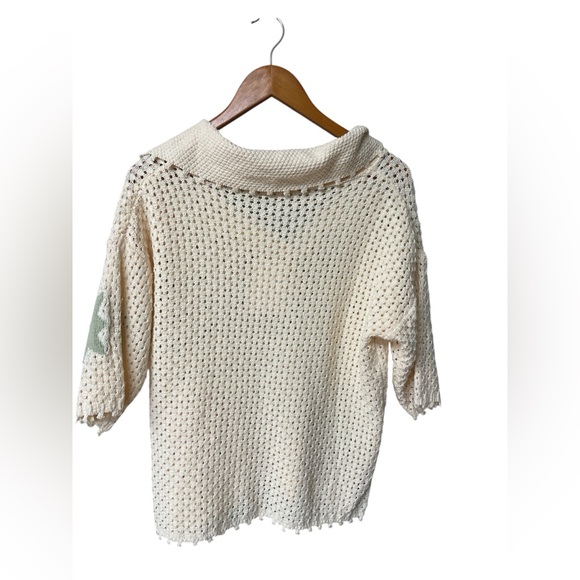 So Me Ivory Floral Open Knit Sweater 3D Pom Pom Trim Grannycore Boho NWT Small - Picture 4 of 8